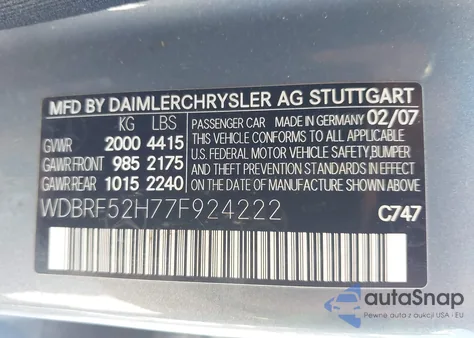 2007 Mercedes-Benz C 230 Sport from USA, damaged, VIN WDBRF52H77F924222